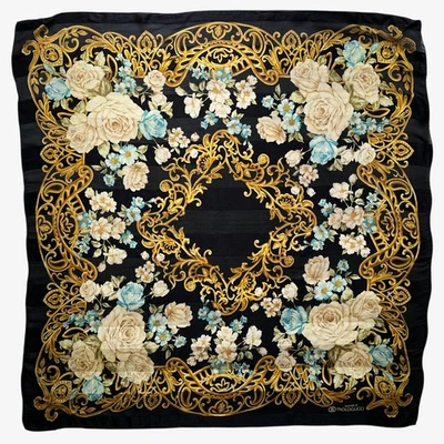 Vintage 80s Paolo Gucci Art Deco Abstract Floral Print Black Silk Scarf, Baroque - Image 1 of 4