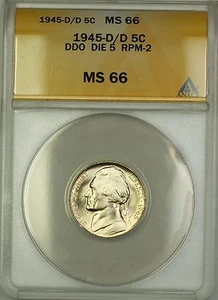 1945-D/D RPM-2 DDO DIE 5 Wartime Silver Jefferson Nickel 5c Coin ANACS MS-66 (B) - Picture 1 of 2