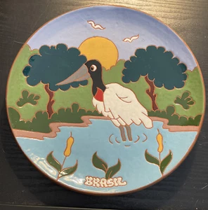 Brazil Red Pottery Plate Colorful Dish Bird With Hanger - Picture 1 of 16