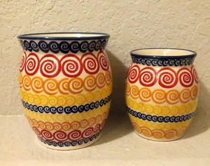 2 UNIKAT POLISH POTTERY MULTI-COLORED JARS MANUFAKTURA BOLESLAWCU HANDMADE - Picture 1 of 10
