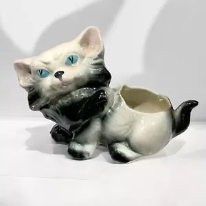 Vintage MCM Katze Übertopf 3D Keramik Kätzchen Pflanztopf blaue Augen schwarz weiß rosa Ohren - Bild 1 von 10