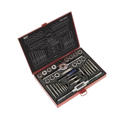 Conjunto de torneiras e matrizes Sealey 33 peças matrizes divididas métricas/UNF/BSP ferramenta de corte de rosca M3-M12 - Imagem 1 de 4