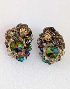 Vtg Gold Tone Iridescent Rhinestone Cluster Clip On Earrings - Picture 1 of 7