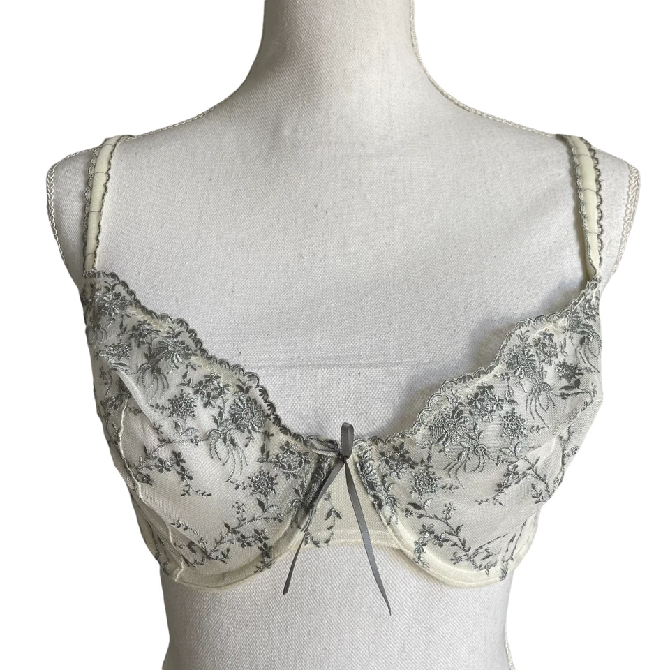 Sujetador Floral Bordado 34DD Malla Encaje Boho Pizarra Gris Crema Con Aros Apt 9 Foto 1 de 4