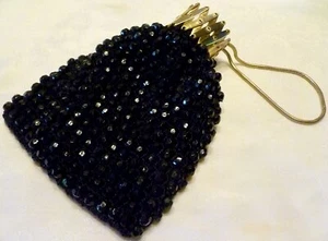 Vintage SNP Ladies HANDBAG Accordion GATE TOP Black Beaded BEGGARS PURSE Chicago - Picture 1 of 7