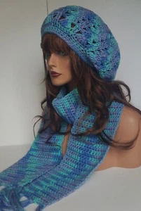 NEW BLUE MULTI RASTA HAT AND SCARF SET BERET CLOCHE BAGGY SLOUCHY TAM HIPPIE - Picture 1 of 6