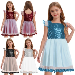 Girl Sparkly Tulle Tutu Dress Fly Sleeve Sequins Lace Flower Prom Dresses Party - Picture 1 of 40