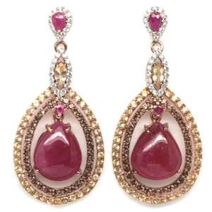 925 Sterling Silver 13 x 16 mm. Pink Ruby, Citrine, Quartz & Zircon Earrings - Picture 1 of 4