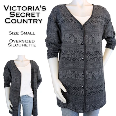 Victorias Secret Country VTG 90s Cardigan Small Gray Floral Geometric Oversized  - Image 1 of 4