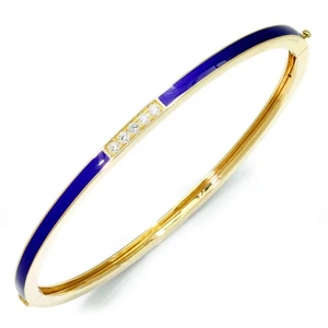 Blue Enamel Bangle Bracelet with Diamonds 14K Yellow Gold 6.5" - Picture 1 of 5