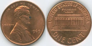 United States 1969 1 Cent Lincoln Memorial KM#201 Bronze - Picture 1 of 4