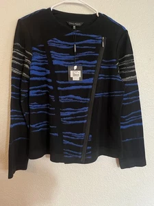 Ming Wang Black Blue Abstract Striped Asymmetric Zip Knit Jacket Moto Size PM MP - Picture 1 of 2