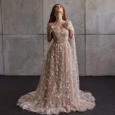 Star Celestial Wedding Dress Boho Dress Long Sleeves Sparkles Bride Dresses - Image 1 of 4