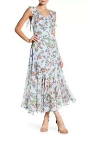 NWT Nanette Lepore Light Blue Floral Hummingbird Maxi Dress Ruffles Sz 4 - Picture 1 of 12
