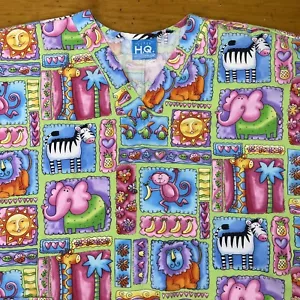 HQ Scrub Top Novelty Womens Large Zoo Animals Short Sleeve Colorful Lion Zebra - Picture 1 of 8