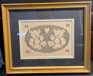 Teddy bear framed fabric baby’s room decor, 9x11 inch wood frame, crochet look - Picture 1 of 4