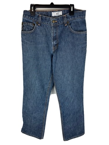 AX Armani Exchange J40 women’s blue short regular bootleg jeans with front pockets, belt loops, and branded waistband label.