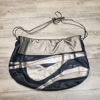 Carlos Falchi Metallic Leather Drawstring Bucket Shoulder Bag Gold/Black 14"x10" - Image 1 of 4