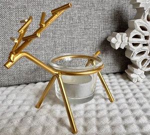 New Christmas Holiday Winter Gold Metal Reindeer Tea Light Candle Holder - 5.25” - Picture 1 of 7