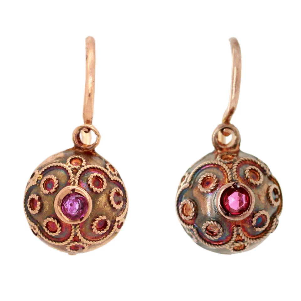 Antique Art Nouveau Ruby Ornate Sphere Drop Dangle Earrings - 14k Rose Gold - Image 1 of 4