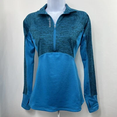 Pullover Reebok 1/4 Cremallera Pequeño Azul Manga Larga Simulación Cuello en V Camiseta Atlética Elastizada Foto 1 de 4