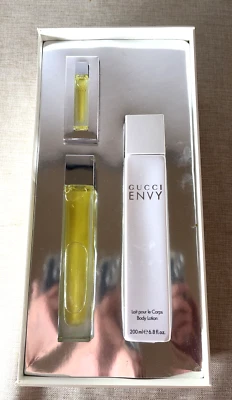 Loción corporal perfume Gucci ENVY EDT 1,7 OZ 6,8 OZ 0,1 OZ (CONJUNTO DE 3) EN CAJA vintage Foto 1 de 2