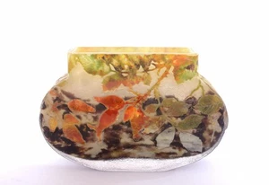 1900's French Daum Frere Nancy Art Cameo Glass Pillow Vase Autunm Leaves Mk - Picture 1 of 10