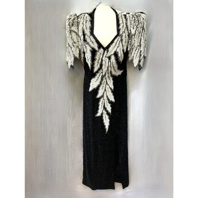 Cache Silk Hand Beaded Sequin Black White Dress 80s Puff Sleeve Womens 4 Leaves - Image 1 of 4