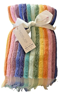 Rachel Zoe Soft Hand Towels Set of 2 Rainbow Striped Pride Fringe College 18x28" - Image 1 of 4