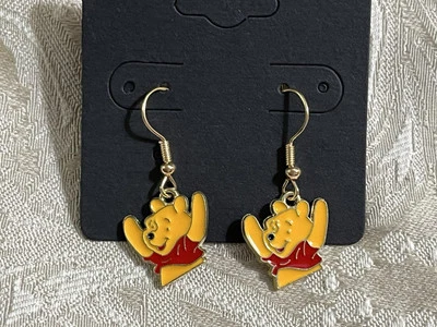 Pooh Yellow Honey Bear Cartoon Enamel Gold Dangle Adorable Earring Set - Image 1 of 2