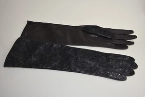 $285 NEW NEW SAKS FIFTH AVENUE Long Gloves Leather LACE OVERLAY Black 6.5 7 8  - Picture 1 of 12