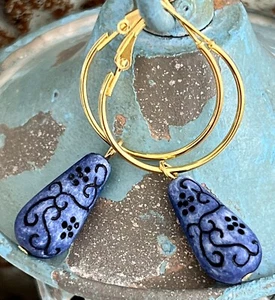 Etched Denim Blue and Black Teardrop Gold Lever Back Hoop Dangle Earrings. - Picture 1 of 3