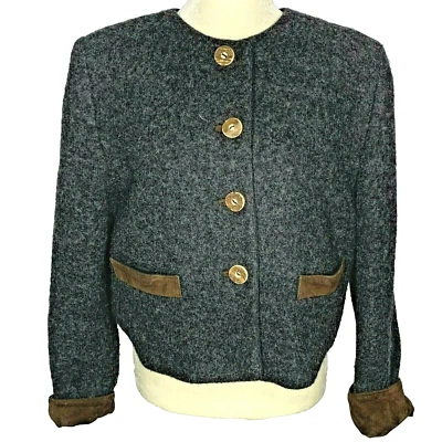 Chaqueta de Colección Austriaca de Lana Botón Frontal Mujer Mediana Borde de Cuero Negro Foto 1 de 4