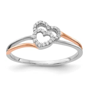 14k Two-Tone Gold Diamond Polished Double Heart Ring for Women Size 7 - Picture 1 of 6