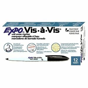 16001 Expo Vis-A-Vis Transparency Wet Erase Marker, Fine Tip, Black Ink, 12 Each