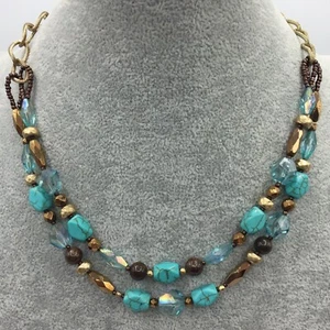 Lia Sophia Sonora Double Strand Necklace Bronzite Turquoise Gold Tone Chain Link - Picture 1 of 5