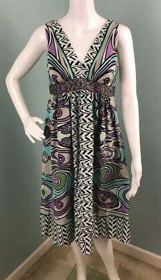 全新带标签女式 Nicole Miller Studio 无袖帝国腰印花丝绸连衣裙 4 码 — 第 1/4 张图片