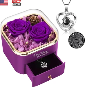 Mothers Day Flower Gifts for Mom, Preserved Real Purple Rose with Heart Necklace - Picture 1 of 7