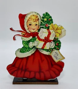 Vintage Inspired Wood Christmas Shopper Girl Table Topper Decoration - Picture 1 of 8