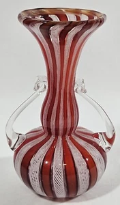 Murano Italien Latticino 4,5" venezianische Glasknospe Vase rot weiß Band Twist - Bild 1 von 8
