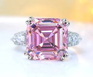 8ct Asscher Cut Lab Grown Pink Diamond Ring, 18K Gold Plated Statement Piece - Picture 1 of 8