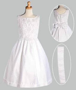 Girls White Satin Communion Baptism Dress with Beaded Applique and Satin Shawl - Picture 1 of 2