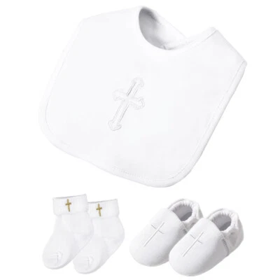 3PCS Baby Christening Shoes, Baptism Socks, White Bib, Boy Embroidered Outfit - Image 1 of 4