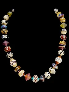 Hand Made Artist Lamp Work Art Glass Bead Necklace 18”  Blue Gold Black Taupe - Picture 1 of 9