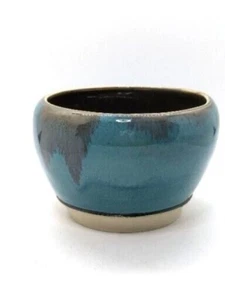 Glasierte Studio Kunst Keramik Topf Übertopf Vase Schale türkis blau grün signiert 3,5" - Bild 1 von 5