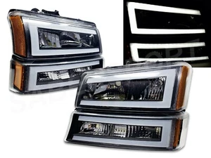 Set of Black Headlights + Parking Lights w/ LED C-Bar for 2003-2006 Silverado - Picture 1 of 6