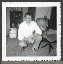 ca.1954 Limbo Larry Kneels Down Barefoot In Front Of TV w Rabbit Ears Antenna