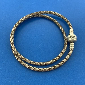 PANDORA 925 Sterling Silver Double Woven Champagne Leather Bracelet 590705CPL-D - Picture 1 of 7