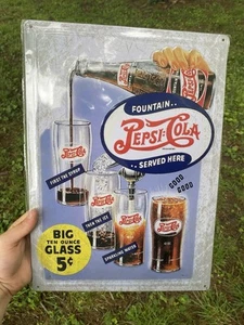 Pepsi Cola-Big Ten Ounce Glass 5c Tin Sign - Picture 1 of 1
