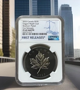 2025 20 $ KANADA RHODIUM SILBER PROOF NGC PF69 ELEGANT MAPLE LEAF ERSTAUSGABEN - Bild 1 von 4